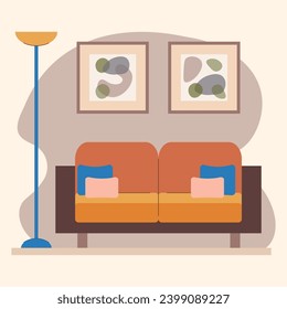 El interior de la sala de estar es de estilo plano. Ilustración vectorial cuadrada de una sala de estar con mobiliario: sofá, lámpara de pie, cuadros, almohadas
