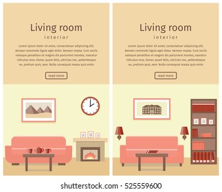 Living room interior in flat style. Modern home design with furniture and text. Banners. Vector background. 