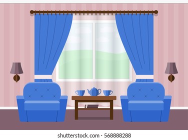 Living room interior in flat style. Vector. House design with furniture armchairs, window, coffee table. Background.