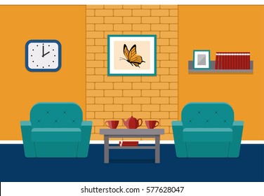 Living room interior in flat style. Vector. House design lounge with furniture and brick wall. Cartoon background.