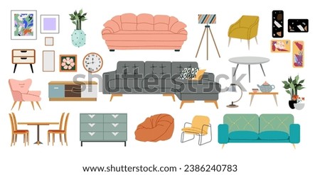 Living room interior flat style home elements set isolated on white. Cozy furniture, sofa, armchairs, tables, houseplants,  lamps, decor and others isolated elements set.  Hand drawn style.