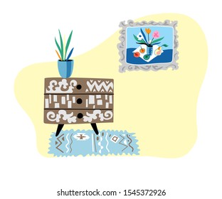 Living room interior flat vector illustration. Houseplant on luxury cabinet with drawers furniture. Apartment room contemporary design. Still life painting in frame and blue creative carpet decoration