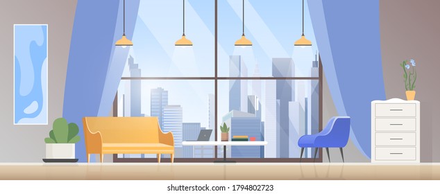 Living room interior flat vector illustration. Cartoon empty modern home room interior with sofa armchair, laptop table, potted plant, panoramic window apartment furniture inside design background