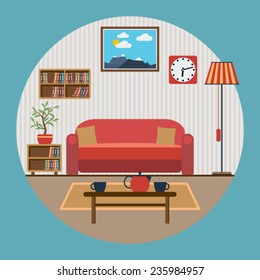 Living room interior flat vector illustration