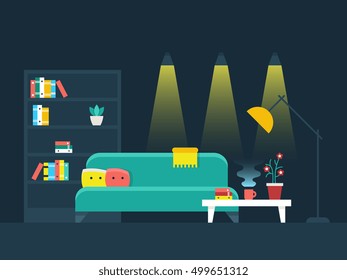 Living room interior flat vector illustration. Bookcase and lighting comfortable apartment