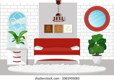 Living room interior with furniture. Beautiful red sofa, white carpet, mirror and plants on white brick wall background.