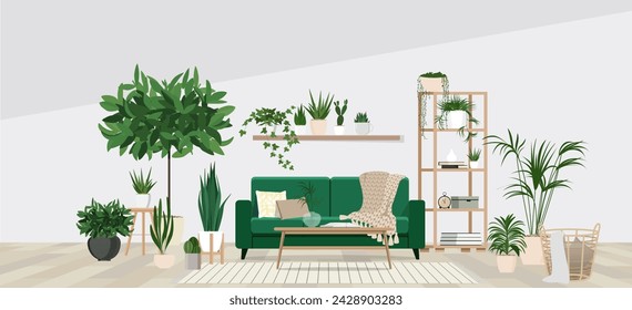 Interior de la sala de estar con muebles y hermosas macetas de plantas verdes diferentes. Decoración de la casa