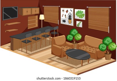 Living room interior with furniture in brown color style illustration