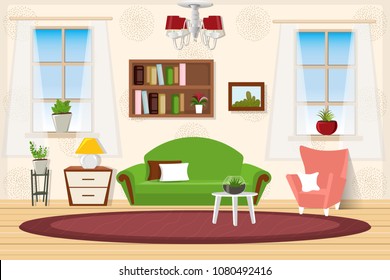 Living Room Interior With Furniture. Cozy Room With A Sofa And Two Bright Windows. Cartoon.