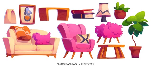 Living room interior furniture and decorative elements in bright pink colors. Cartoon vector illustration set of cute girly house and apartment indoor cabinetry - sofa and armchair, ottoman and table.