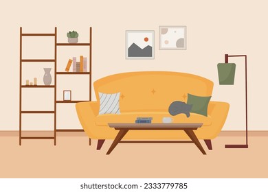 living room interior, furniture, design elements, modern home, comfortable sofa, bookcase, lamp, cat, books, mug, vase, plant, coffee table, vector flat style illustration