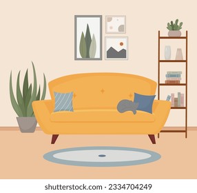 living room interior, furniture, design elements, modern home, comfortable sofa, bookcase, cat, books, vase, plant, pillow, carpet, vector flat style illustration