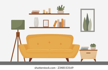 living room interior, furniture, design elements, modern home, sofa, plant, lamp, candles, vase, cozy, vector flat style illustration