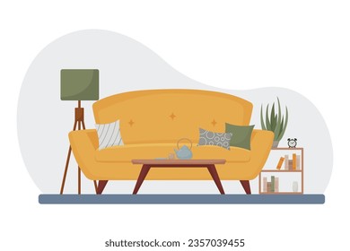 living room interior, furniture, design elements, modern home, sofa, plant, books, mug, kettle, pillow, lamp, cozy, vector flat style illustration