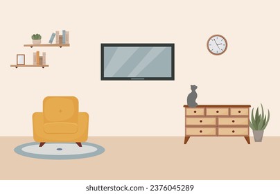 interiores de sala de estar, muebles, elementos de diseño, hogar moderno, sillón, libros, tv, planta, gato, reloj, ilustración vectorial de estilo plano