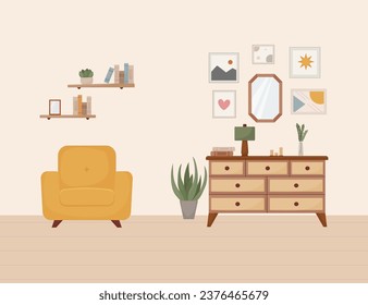 living room interior, furniture, design elements, modern home, armchair, books, lamp, mirror, paintings, shelf, vector flat style illustration