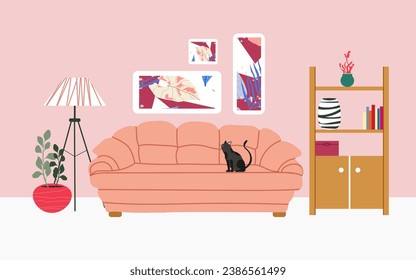 Living room interior, furniture, design elements, modern home. Vector flat style collection of furniture for house.