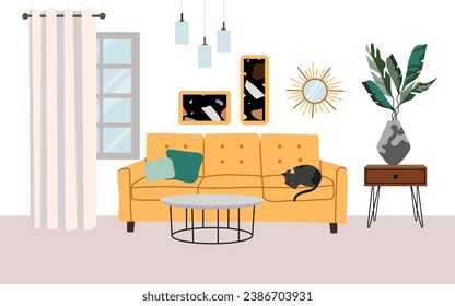 Living room interior, furniture, design elements, modern home. Vector flat style collection of furniture for house.