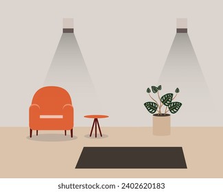 living room interior, furniture, design elements, modern home, sofa, plant, lamp, candles, vase, cozy, vector flat style illustration