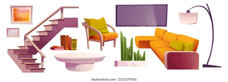 Living room interior furniture and design elements. Cartoon vector illustration set of home or hotel modern cabinetry - yellow sofa and armchair, stairs and tv, table and floor lamp, picture and plant