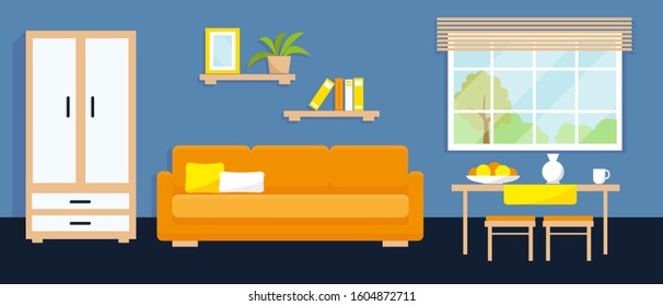 Living room interior with furniture, dining area and window. Vector illustration.