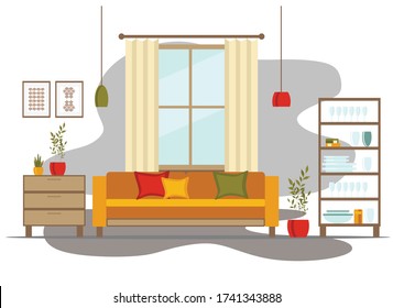 living room interior with furniture, flat cartoon vector illustration