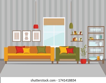 living room interior with furniture, flat cartoon vector illustration