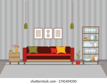 living room interior with furniture, flat cartoon vector illustration