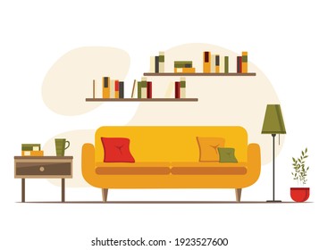 interior de sala de estar con mobiliario, ilustración vectorial de caricatura plana