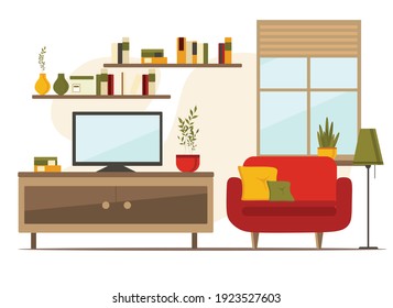 Living Room Interior With Furniture, Flat Cartoon Vector Illustration