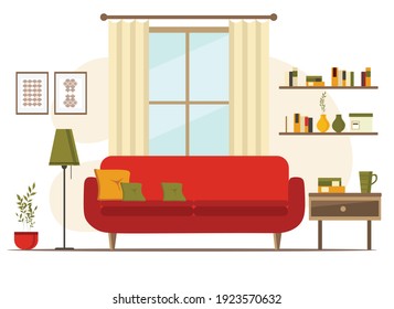 living room interior with furniture, flat cartoon vector illustration