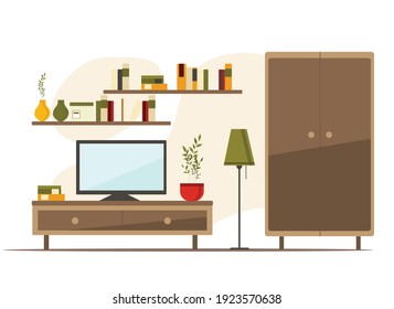 Living Room Interior With Furniture, Flat Cartoon Vector Illustration