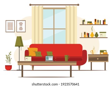 Living Room Interior With Furniture, Flat Cartoon Vector Illustration