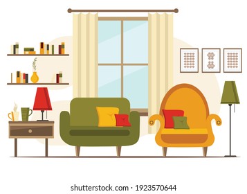 Living Room Interior With Furniture, Flat Cartoon Vector Illustration