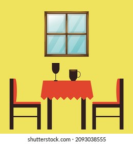 living room interior with furniture, flat cartoon vector illustration with wooden table and closed window.
