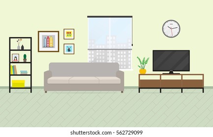 Living room interior. Furniture in flat style with sofa, bookcase and tv. Vector illustration.