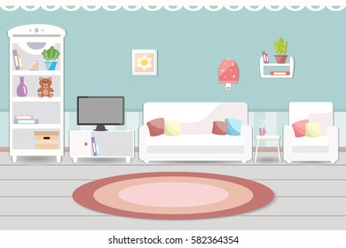 Living room interior with furniture. Flat design.