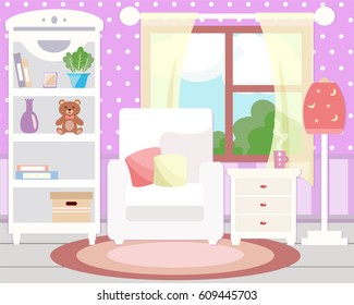 Living room interior with furniture. Flat design.