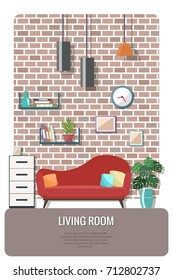 Living room interior with furniture. Flat design.