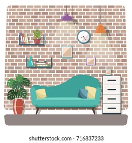 Living room interior with furniture. Flat design.