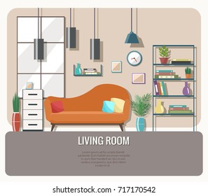 Living room interior with furniture. Flat design.
