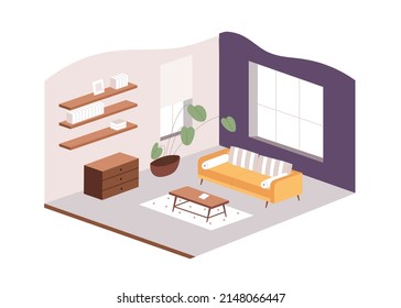 Living room interior with furniture. Home lounge area with sofa, coffee table, house plant. Inside modern apartment with couch, shelves, windows. Flat vector illustration isolated on white background