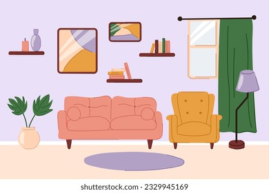 Living room interior with furniture. Home interior with sofa, armchair, carpet, window, houseplant. Flat doodle vector illustration.