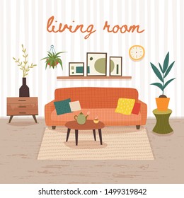 Living Room Interior With Furniture, Houseplants And Home Decorations. Apartment Decorated Scandinavian  Hygge Style. Flat Cartoon Vector Illustration.