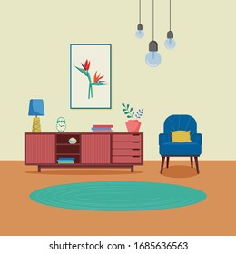 Living room interior with furniture, houseplants and home decorations. Apartment decorated cozy style. Flat cartoon vector illustration.