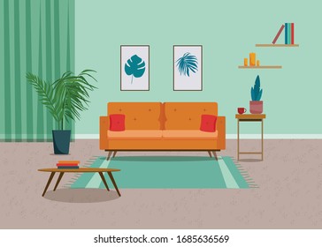 Living Room Interior With Furniture, Houseplants And Home Decorations. Apartment Decorated Cozy Style. Flat Cartoon Vector Illustration.