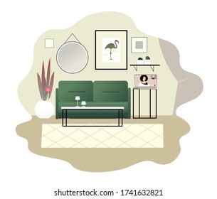 Living room interior with furniture, houseplants and home decorations. Apartment decorated cozy style. Notebook with openning video chat. Flat cartoon vector illustration.