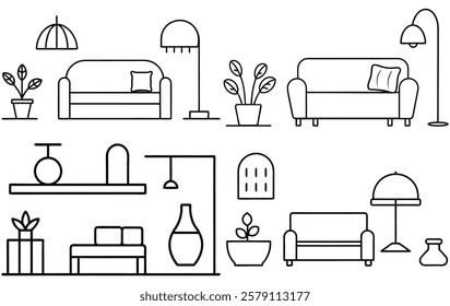 Living Room Interior Furniture Line Art Vector Set Clean Outline Elegant Home Designs