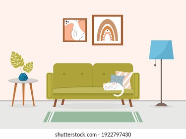 Living room interior with furniture. Modern living room interior. Sleeping cat on the sofa. Cozy apartment with sofa, coffee table, lamp and paintings on the wall. Vector illustration in a flat style.