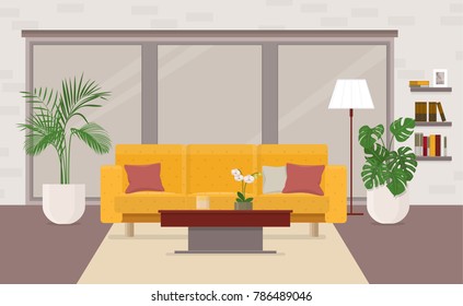 Living Room Interior Furniture Panoramic Window Stock Vector (Royalty ...